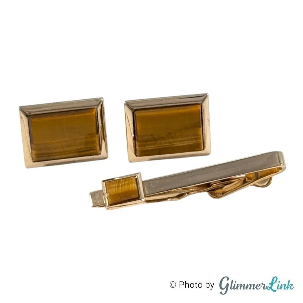 Vintage Swank Brown Tiger's Eye Rectangular Gold Tone Cufflinks & Tie Bar Set